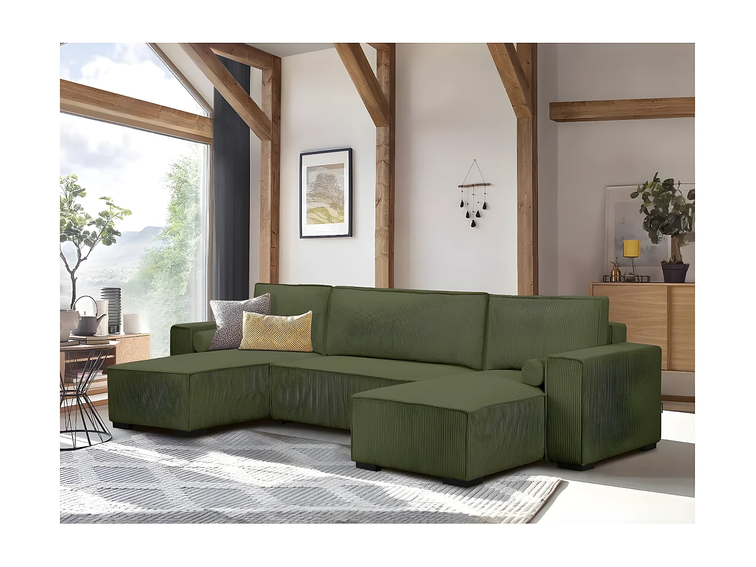 Canapé panoramique 5 places Clarence convertible avec coffre en velours côtelé - Vert foncé - L322 x P161 x H87cm - Loungitude