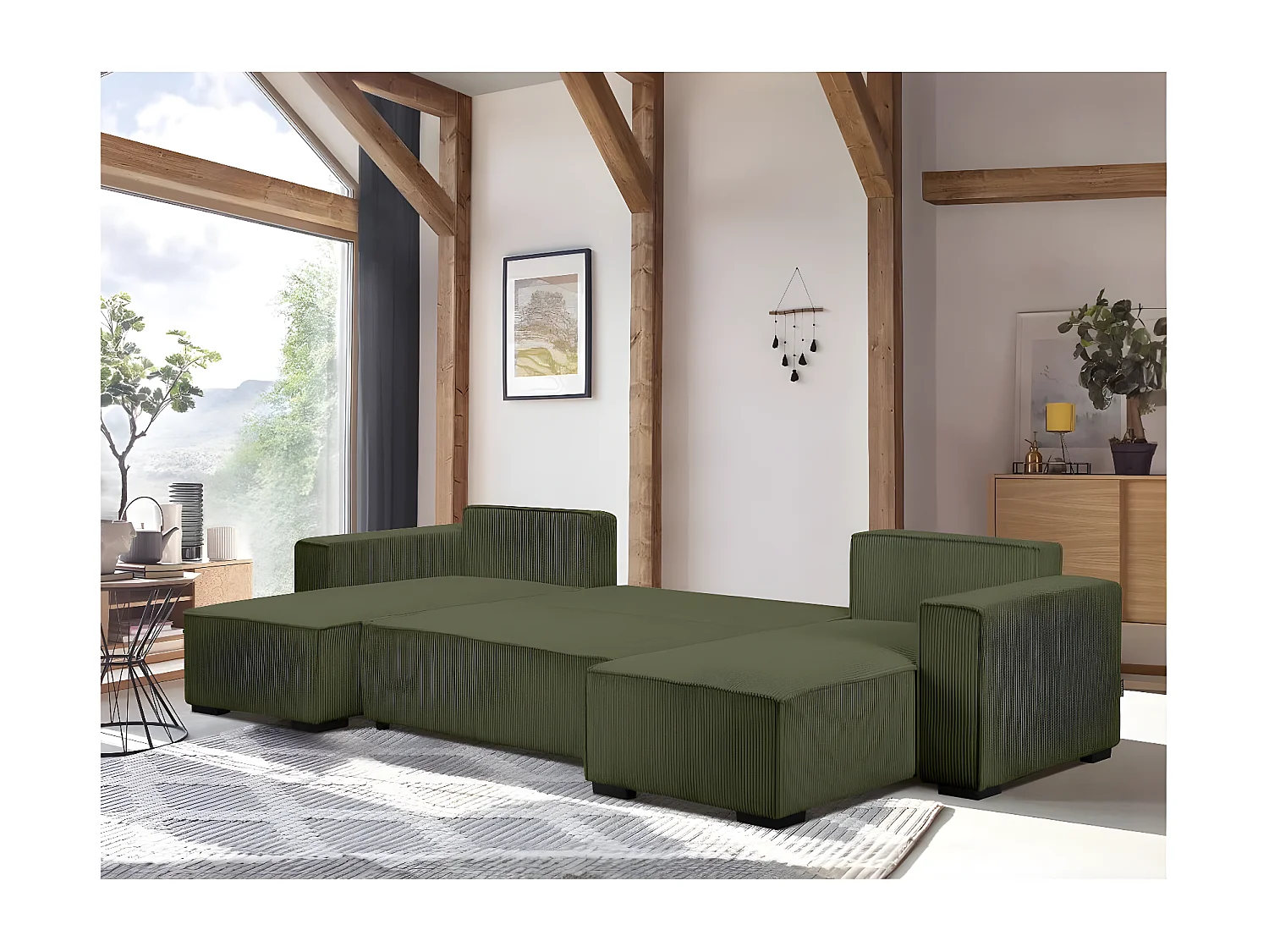 Canapé panoramique 5 places Clarence convertible avec coffre en velours côtelé - Vert foncé - L322 x P161 x H87cm - Loungitude