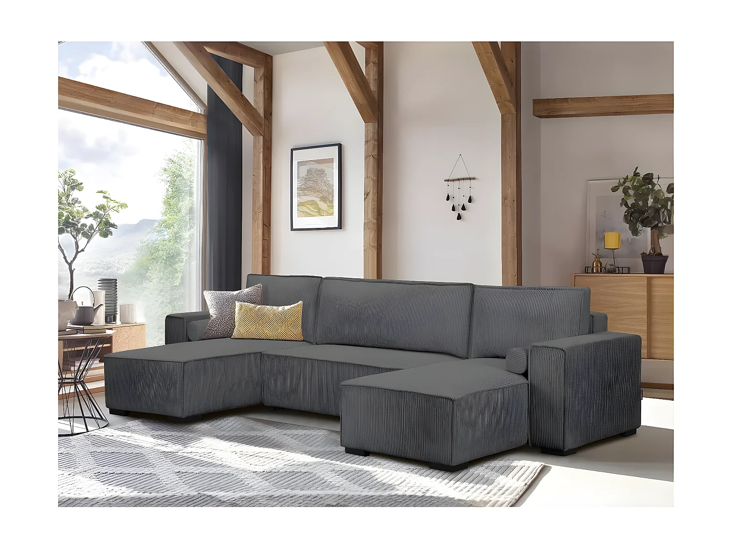 Canapé panoramique 5 places Clarence convertible avec coffre en velours côtelé - Gris anthracite - L322 x P161 x H87cm - Loungitude