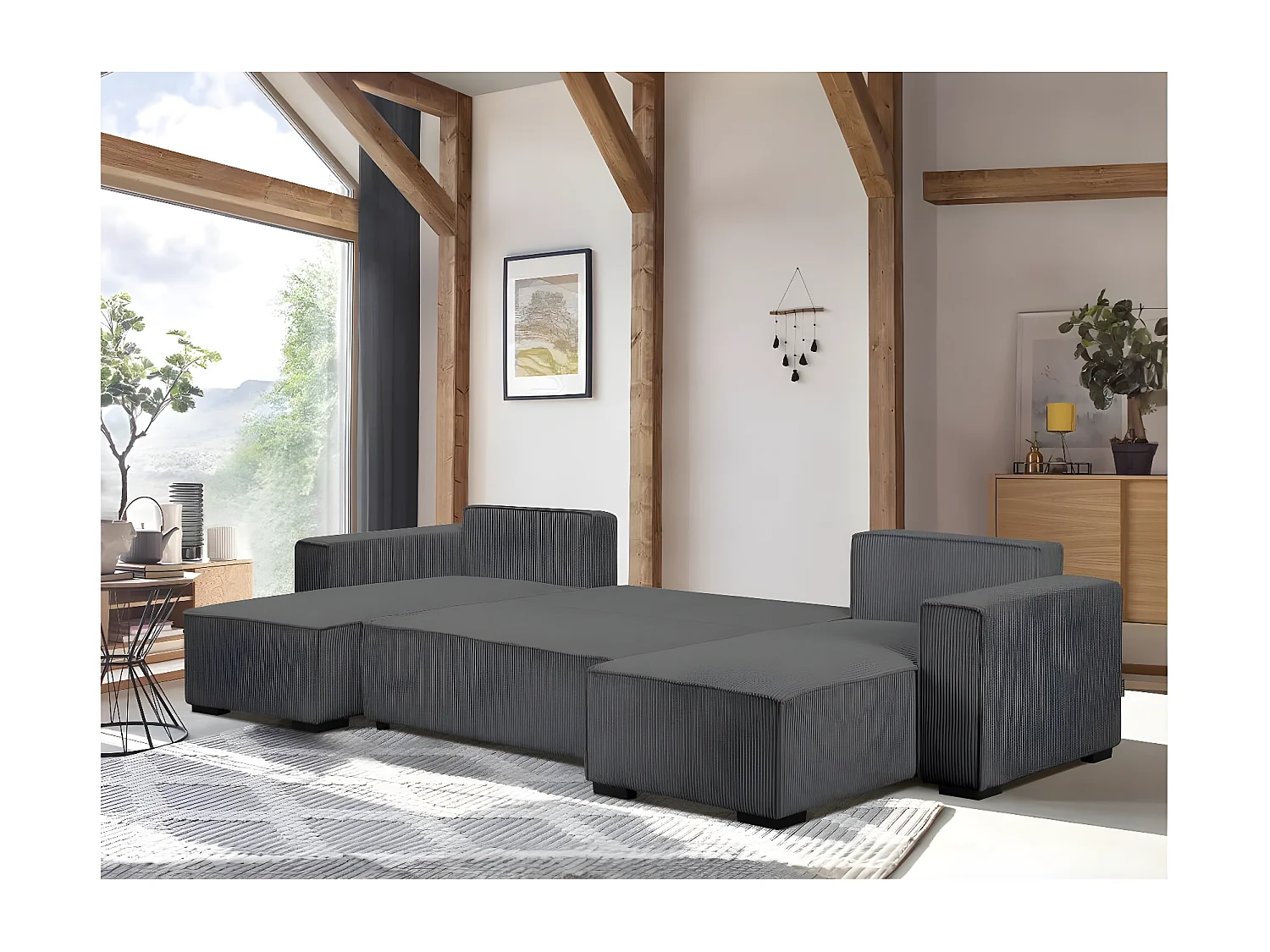 Canapé panoramique 5 places Clarence convertible avec coffre en velours côtelé - Gris anthracite - L322 x P161 x H87cm - Loungitude