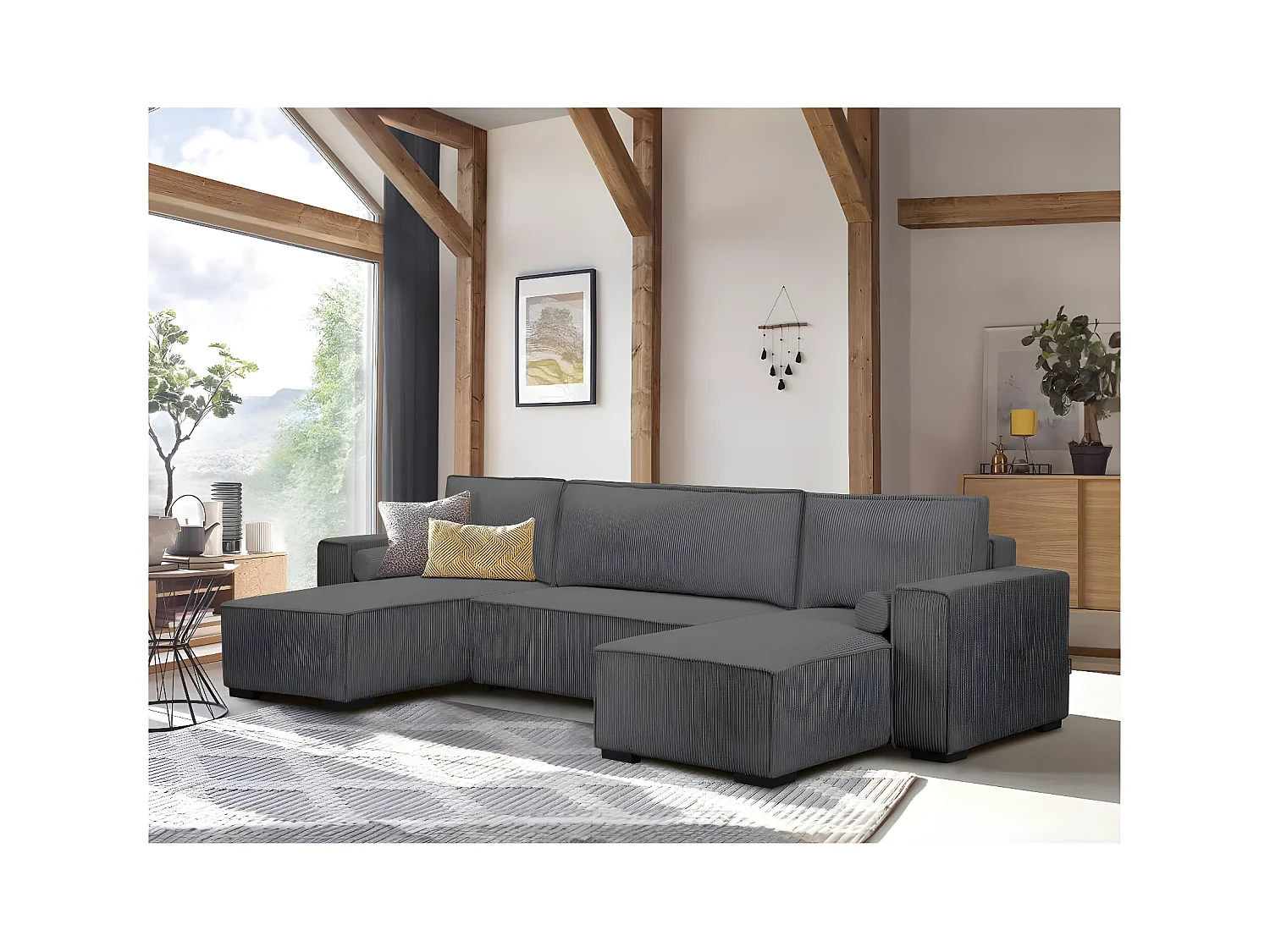 Canapé panoramique 5 places Clarence convertible avec coffre en velours côtelé - Gris anthracite - L322 x P161 x H87cm - Loungitude