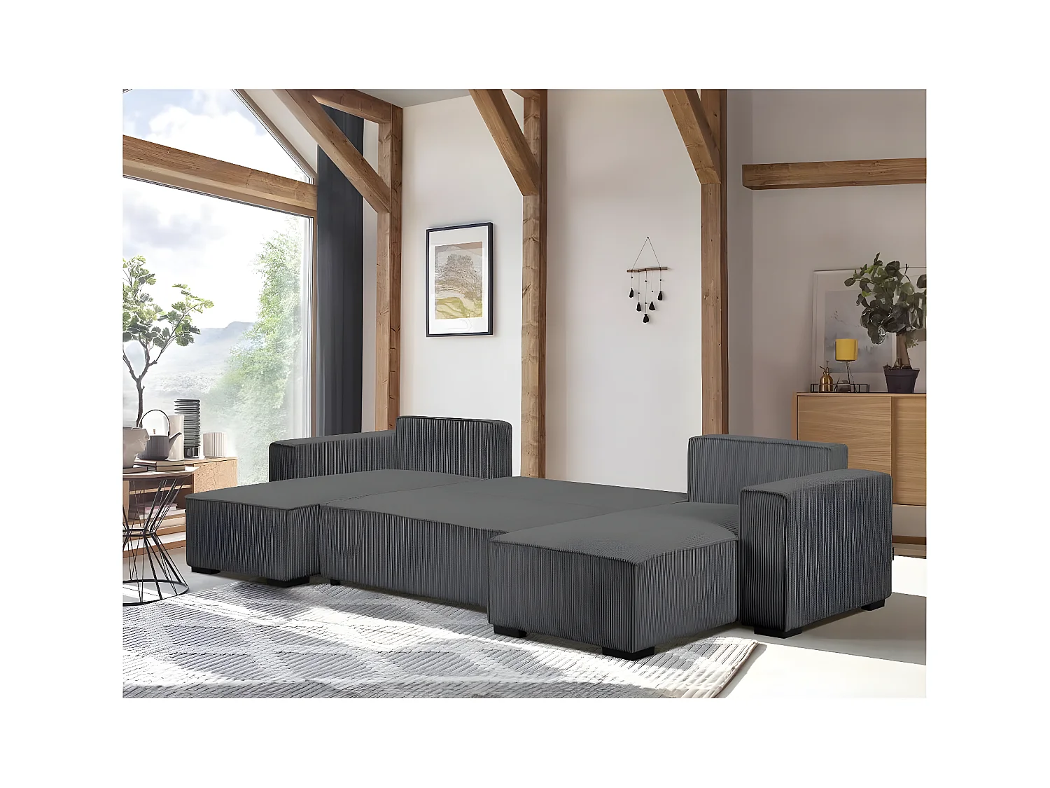 Canapé panoramique 5 places Clarence convertible avec coffre en velours côtelé - Gris anthracite - L322 x P161 x H87cm - Loungitude