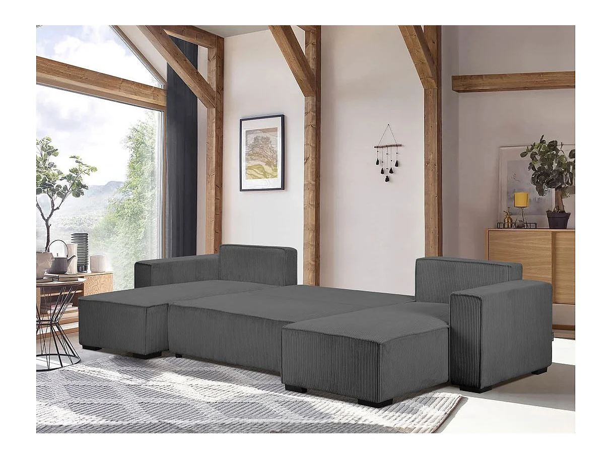 Canapé d'angle panoramique convertible 5 places en velours gris anthracite