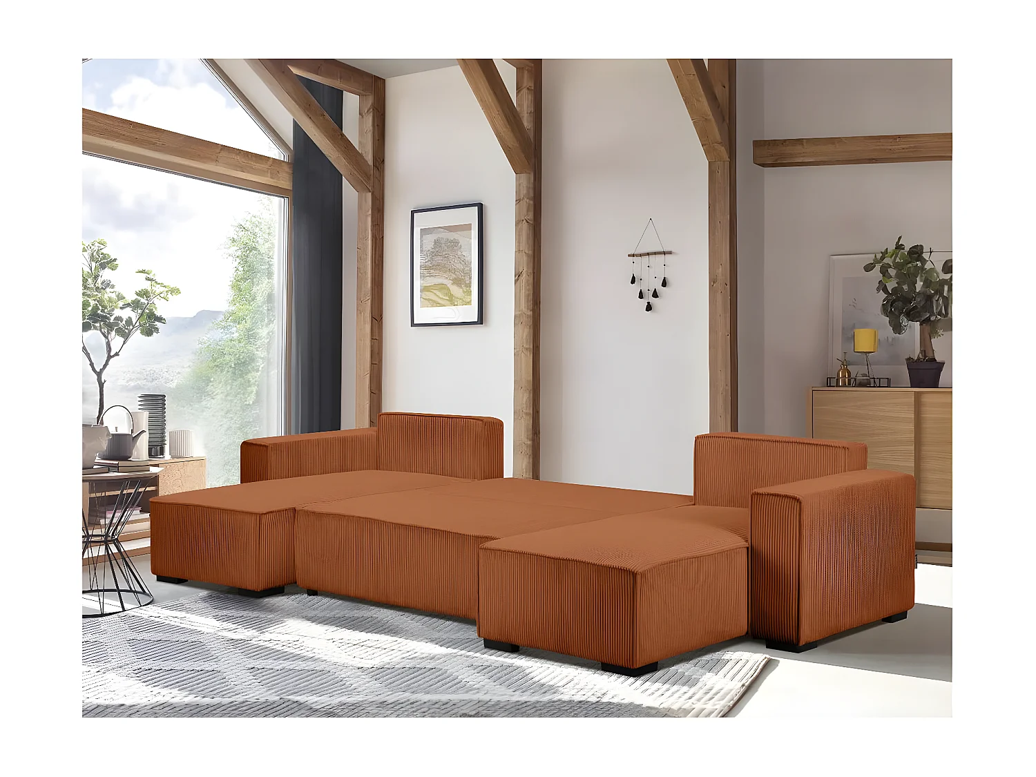 Canapé panoramique 5 places Clarence convertible avec coffre en velours côtelé - Terracotta - L322 x P161 x H87cm - Loungitude