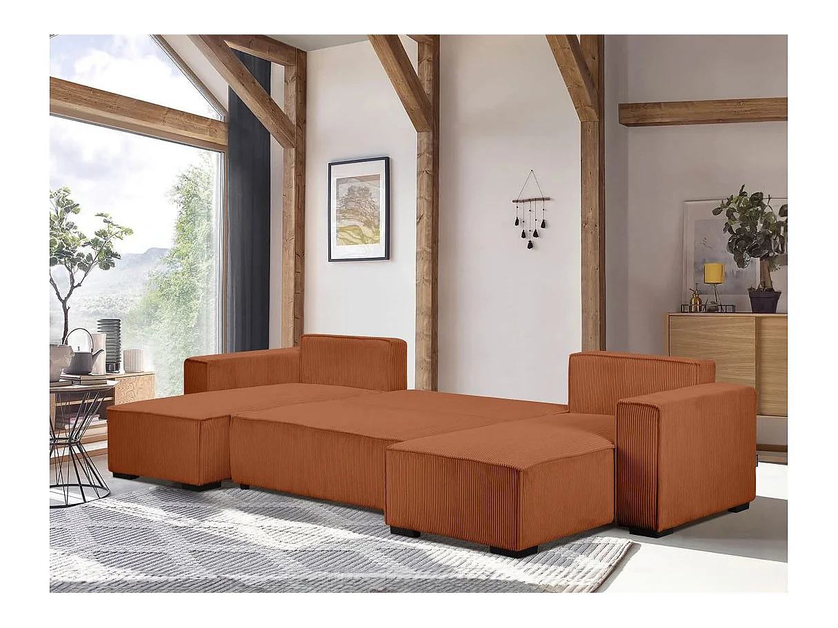 Canapé d'angle panoramique convertible 5 places en velours côtelé terracotta