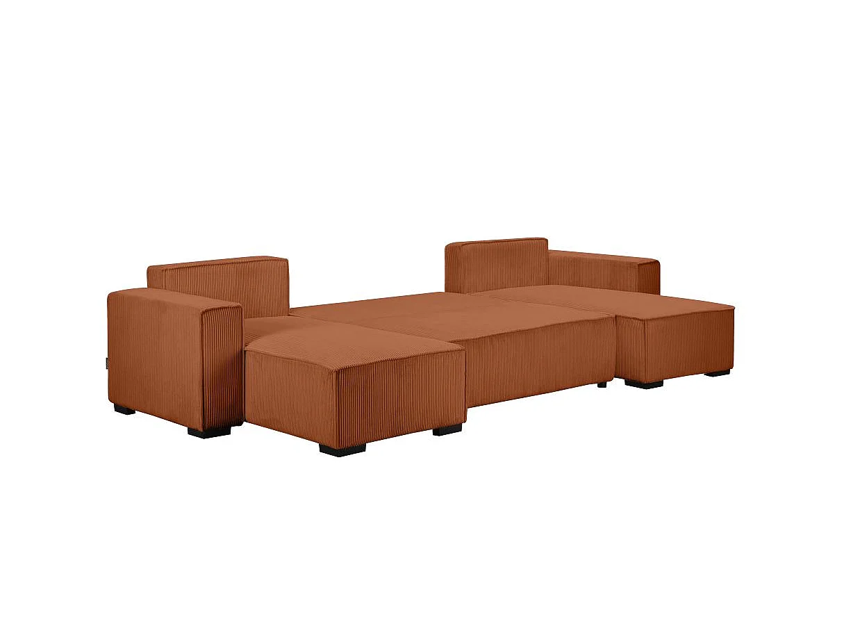 Canapé d'angle panoramique convertible 5 places en velours côtelé terracotta