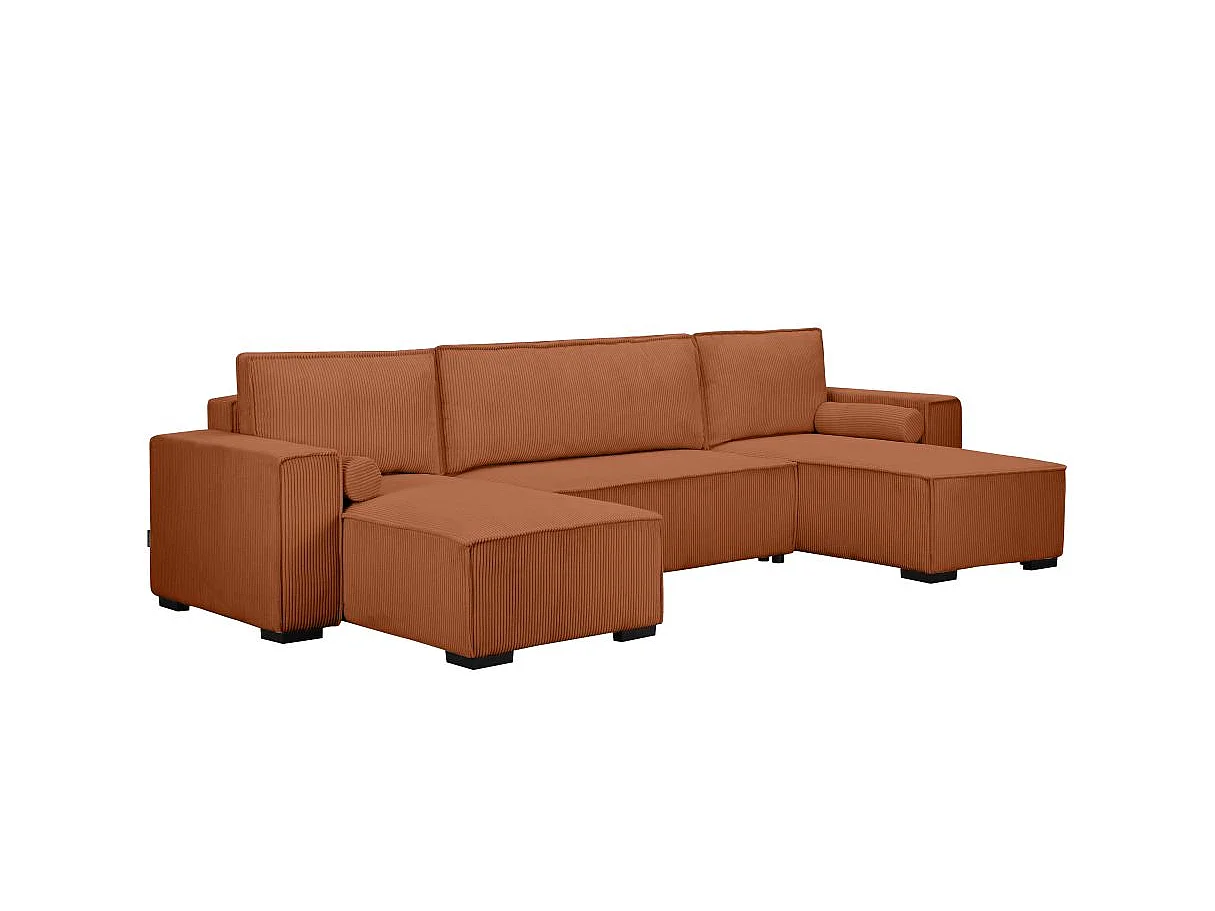 Canapé d'angle panoramique convertible 5 places en velours côtelé terracotta