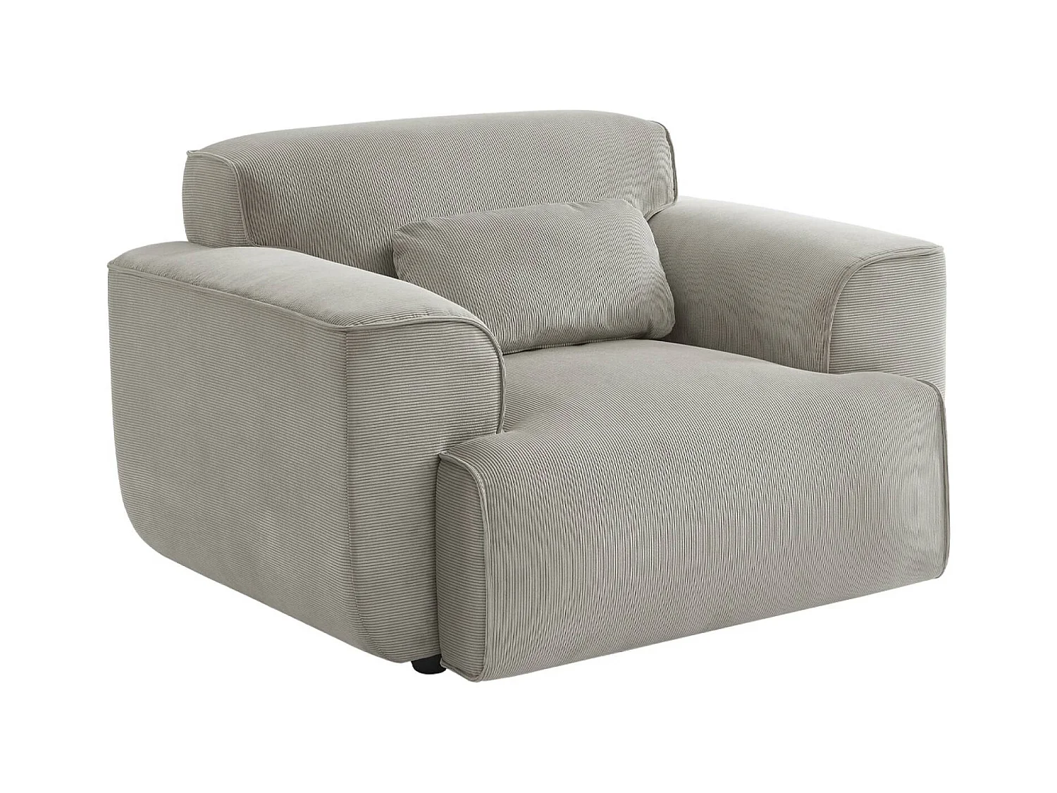 Fauteuil velours côtelé gris clair. lignes arrondies. coussin fourni. Wallas. L 116 x P 97 x H 73cm