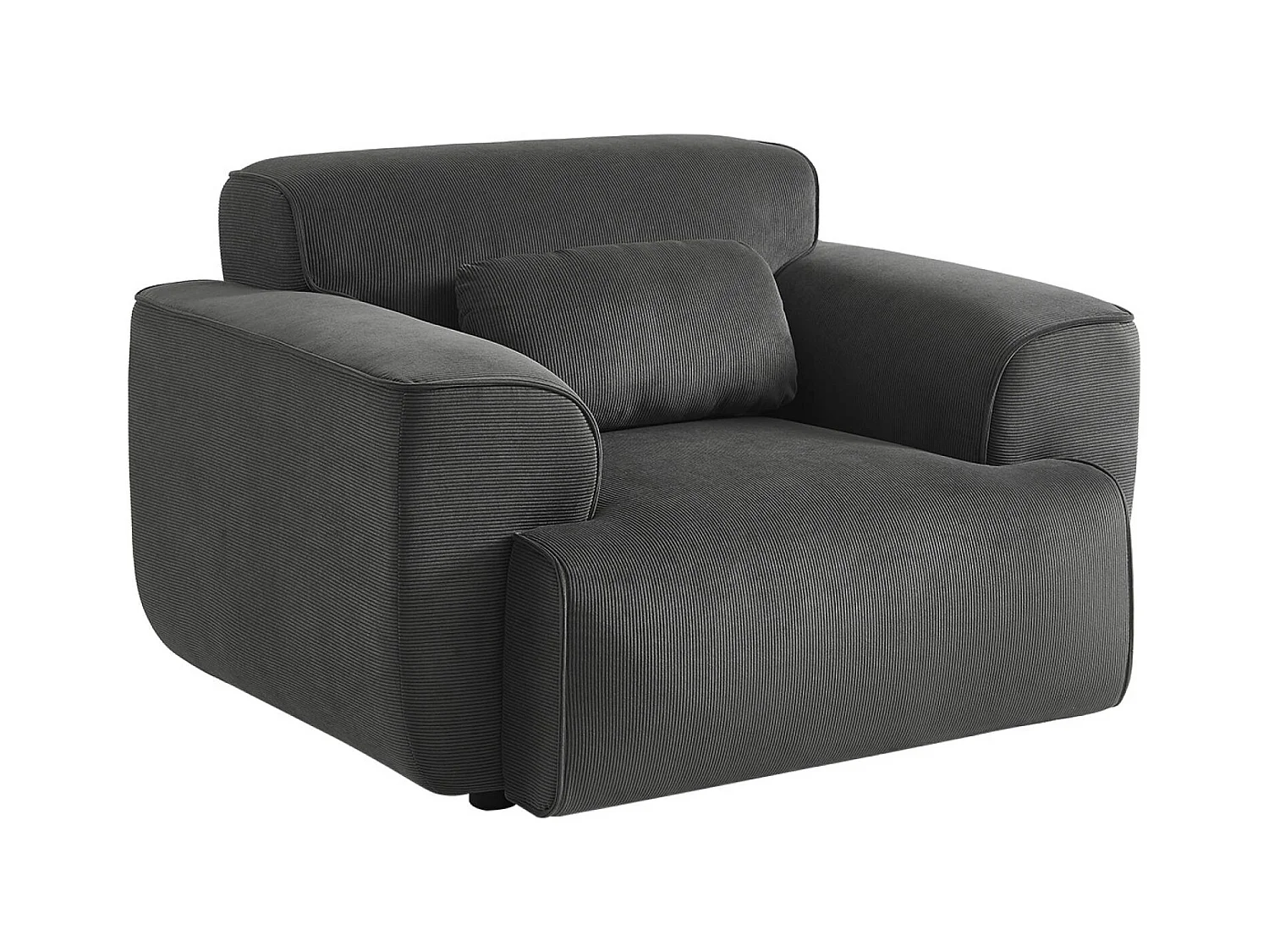 Fauteuil velours côtelé gris foncé. lignes arrondies. coussin fourni. Wallas. L 116 x P 97 x H 73cm
