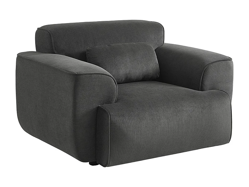 Fauteuil velours côtelé gris foncé. lignes arrondies. coussin fourni. Wallas. L 116 x P 97 x H 73cm