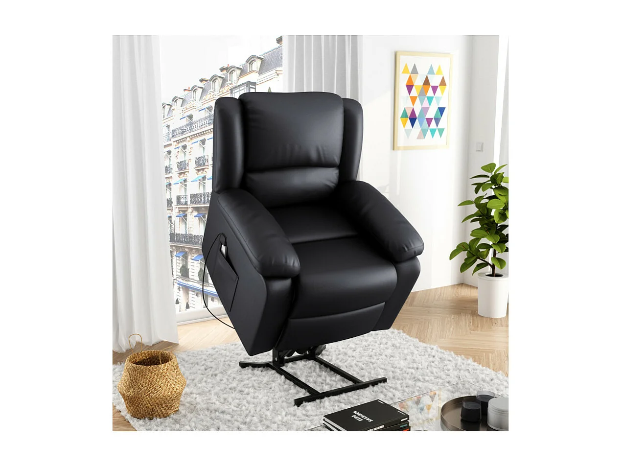 Fauteuil De Relaxation Electrique Releveur Et Massant En Simili Léo - Noir - L88 x 93 x 98cm - Loungitude
