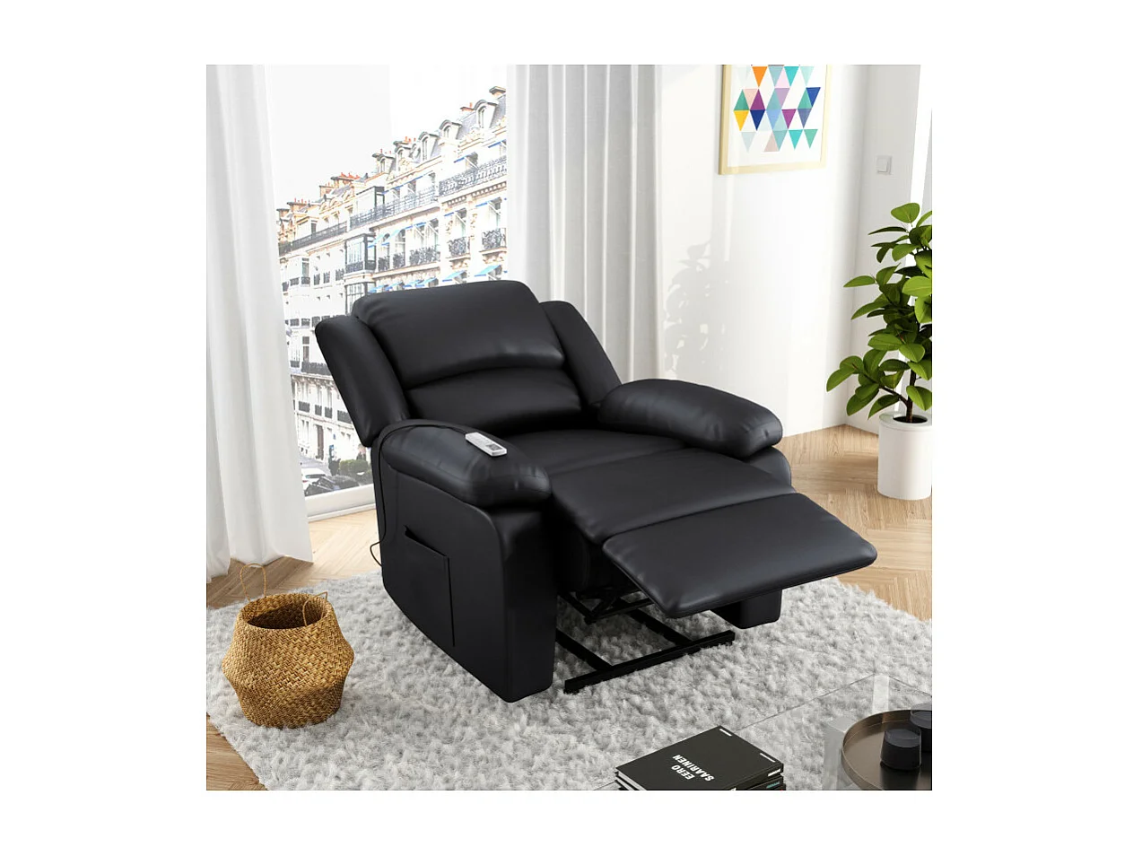 Fauteuil De Relaxation Electrique Releveur Et Massant En Simili Léo - Noir - L88 x 93 x 98cm - Loungitude