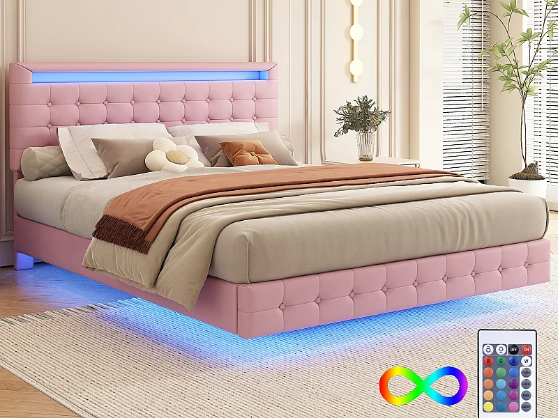 Polsterbett 140 x 200 cm, Schwebebett mit Kopfteil – PU-Leder – LEDs – Lattenrost – Rosa