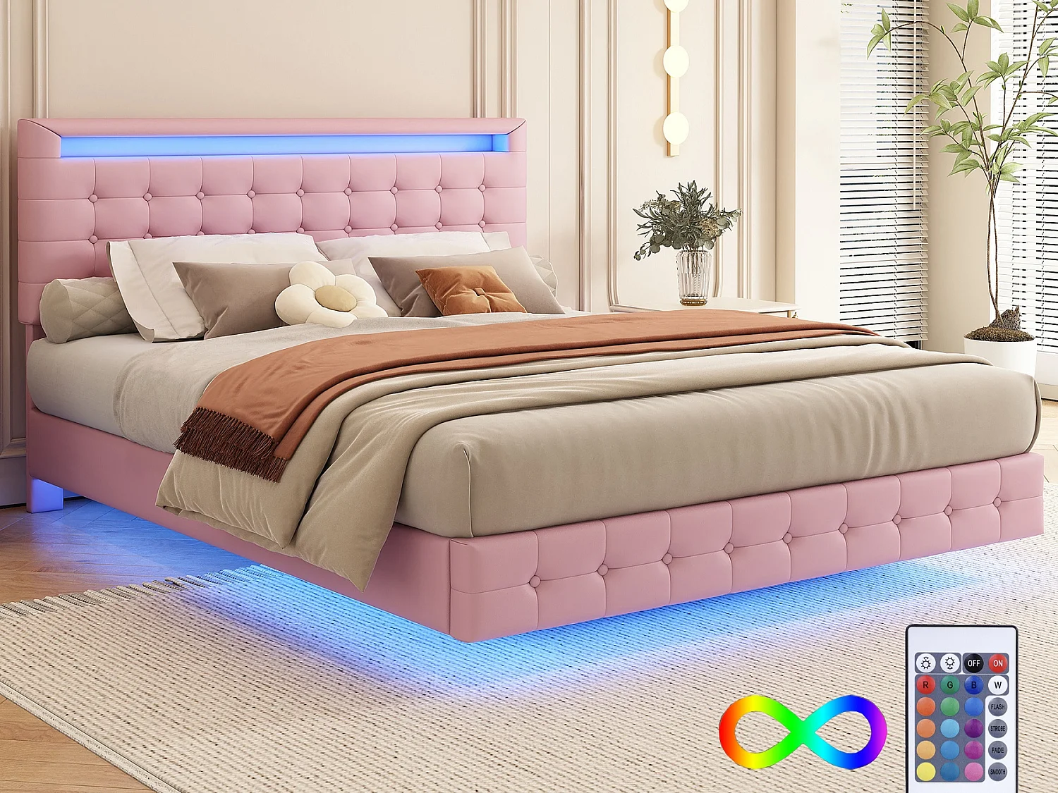 Polsterbett 140 x 200 cm, Schwebebett mit Kopfteil – PU-Leder – LEDs – Lattenrost – Rosa