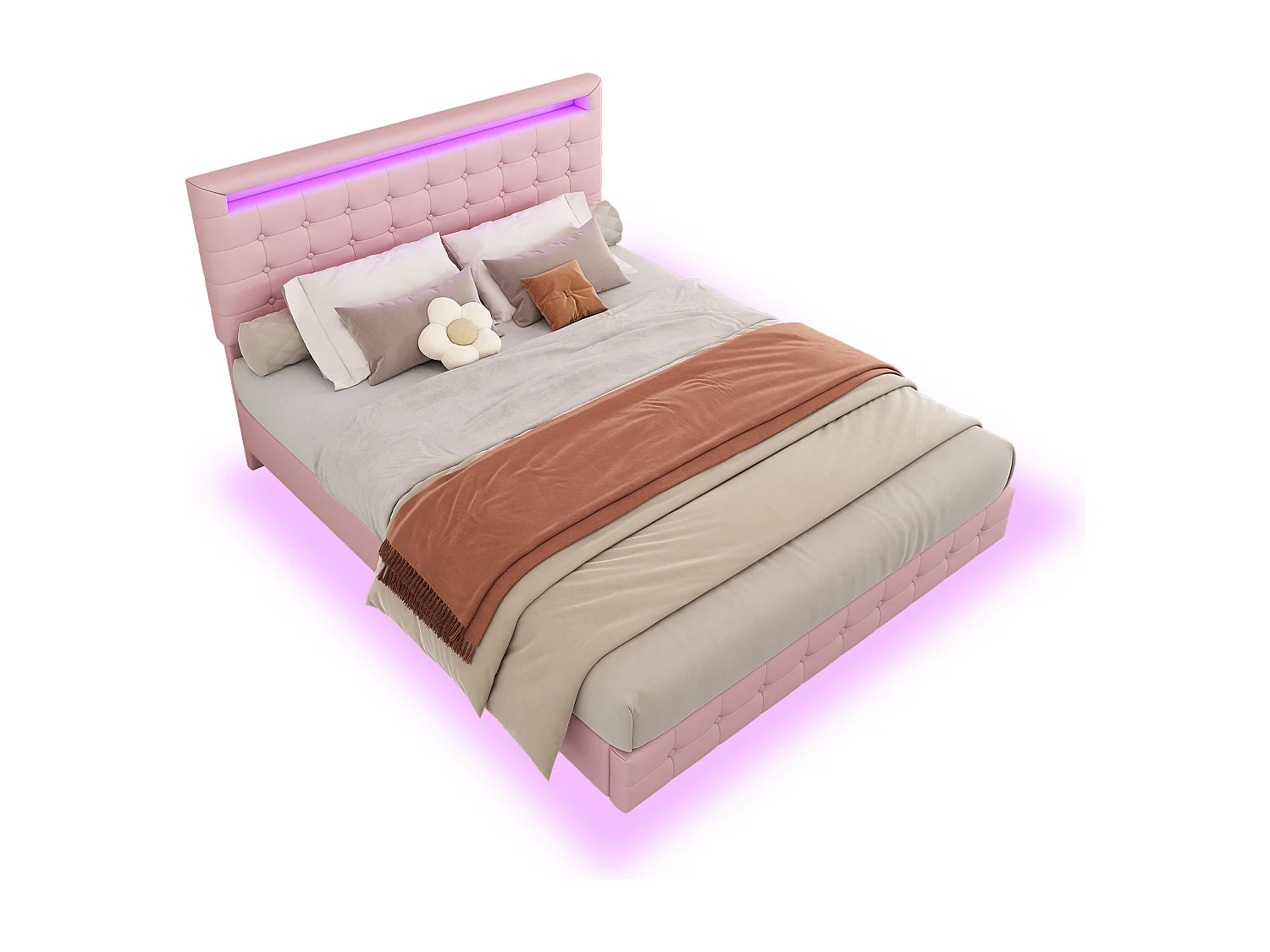 Polsterbett 140 x 200 cm, Schwebebett mit Kopfteil – PU-Leder – LEDs – Lattenrost – Rosa