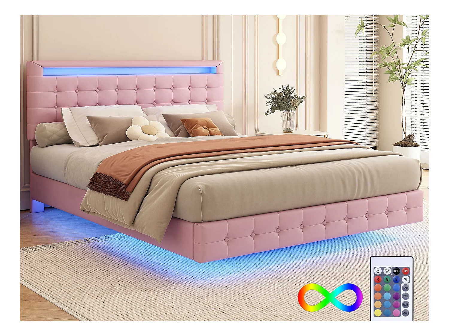 Lit capitonné 140 x 200 cm, Lit flottant avec tête de lit - Cuir PU - LEDs - Sommier à lattes - Rose
