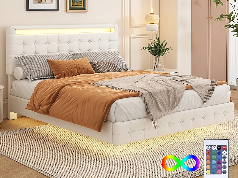 Polsterbett 140 x 200 cm, Schwebebett mit Kopfteil – PU-Leder – LEDs – Lattenrost – Weiß