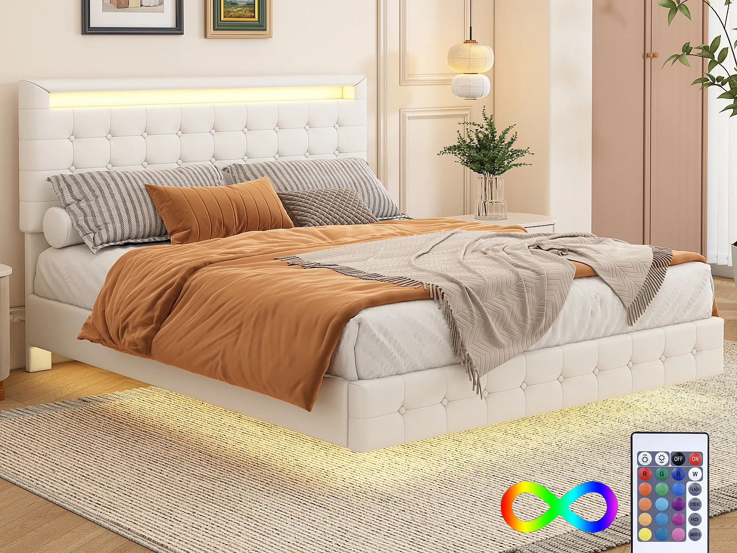 Cama estofada 140 x 200 cm, Cama flutuante com cabeceira - Couro PU - LEDs - Base de ripas - Branco
