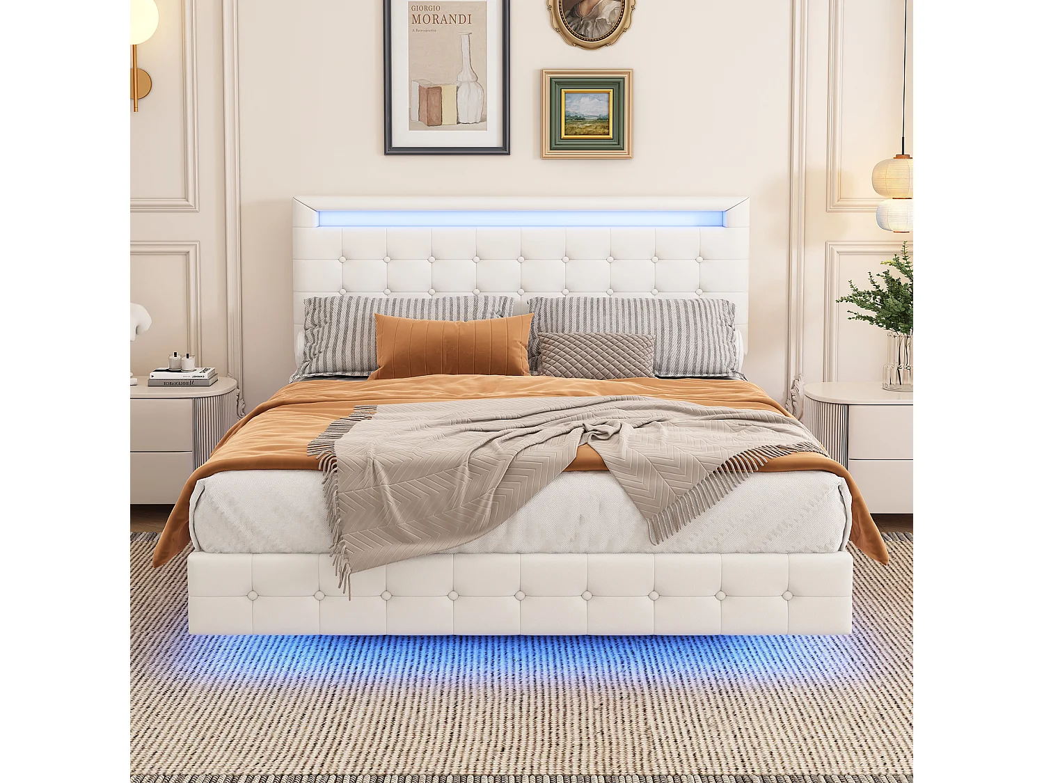 Cama estofada 140 x 200 cm, Cama flutuante com cabeceira - Couro PU - LEDs - Base de ripas - Branco