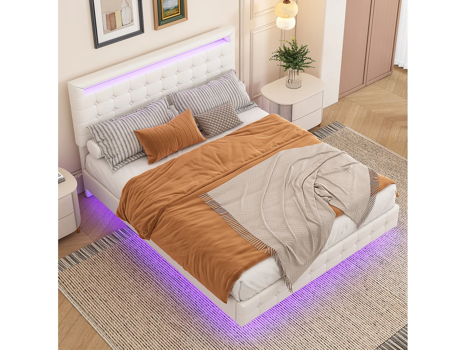 Cama estofada 140 x 200 cm, Cama flutuante com cabeceira - Couro PU - LEDs - Base de ripas - Branco