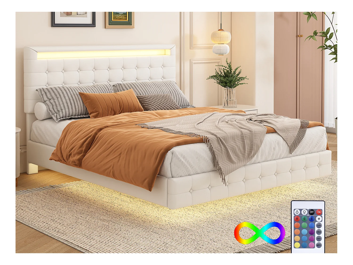 Lit capitonné 140 x 200 cm, Lit flottant avec tête de lit - Cuir PU - LEDs - Sommier à lattes - Blanc