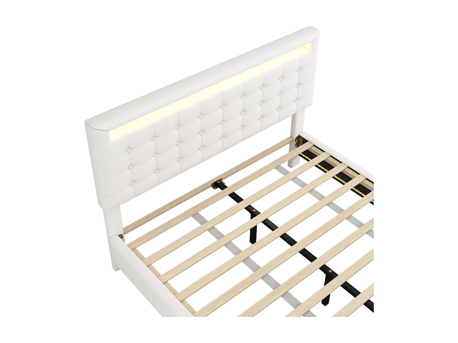 Gestoffeerd bed 140 x 200 cm, Zwevend bed met hoofdeinde - PU leer - LED's - Lattenbodem - Wit