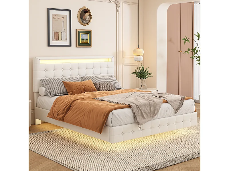 Lit capitonné 140 x 200 cm, Lit flottant avec tête de lit - Cuir PU - LEDs - Sommier à lattes - Blanc