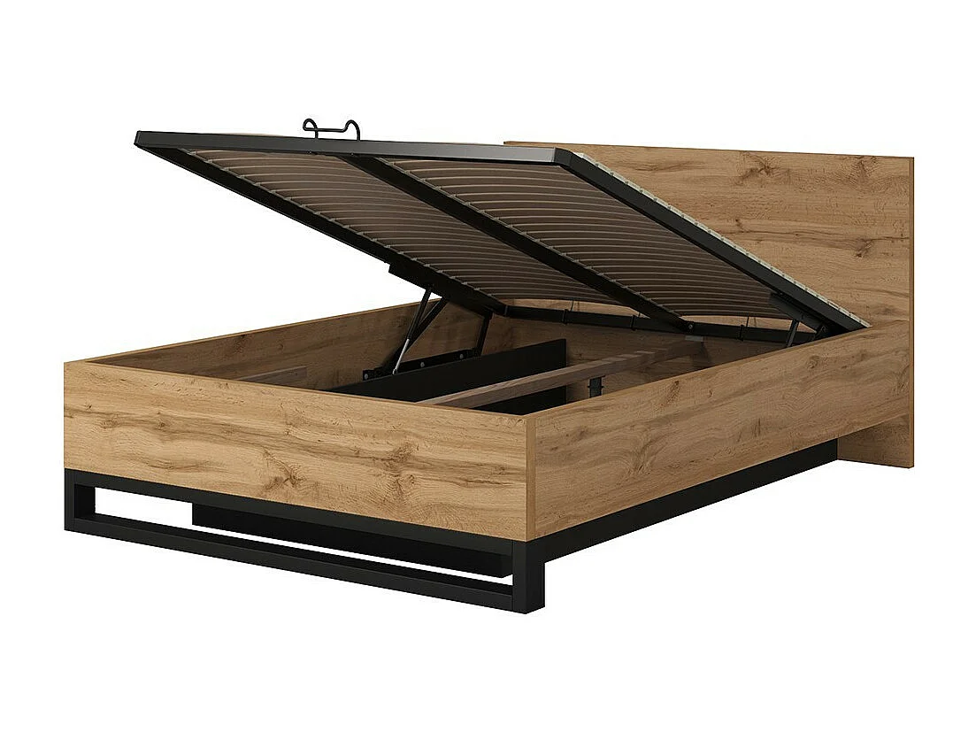 Chambre compléte industrielle MILOS : Armoire, lit coffre 160x200, commode, chevets, chêne brut/noir