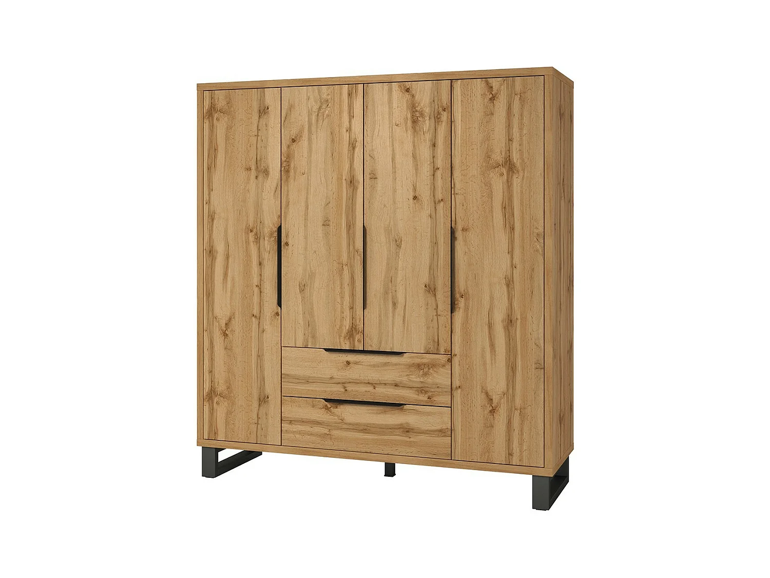 Camera completa industriale MILOS: Armadio, letto contenitore 160x200, cassettiera, comodini, rovere grezzo/nero