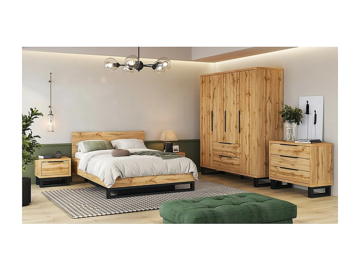 Chambre compléte industrielle MILOS : Armoire, lit coffre 160x200, commode, chevets, chêne brut/noir