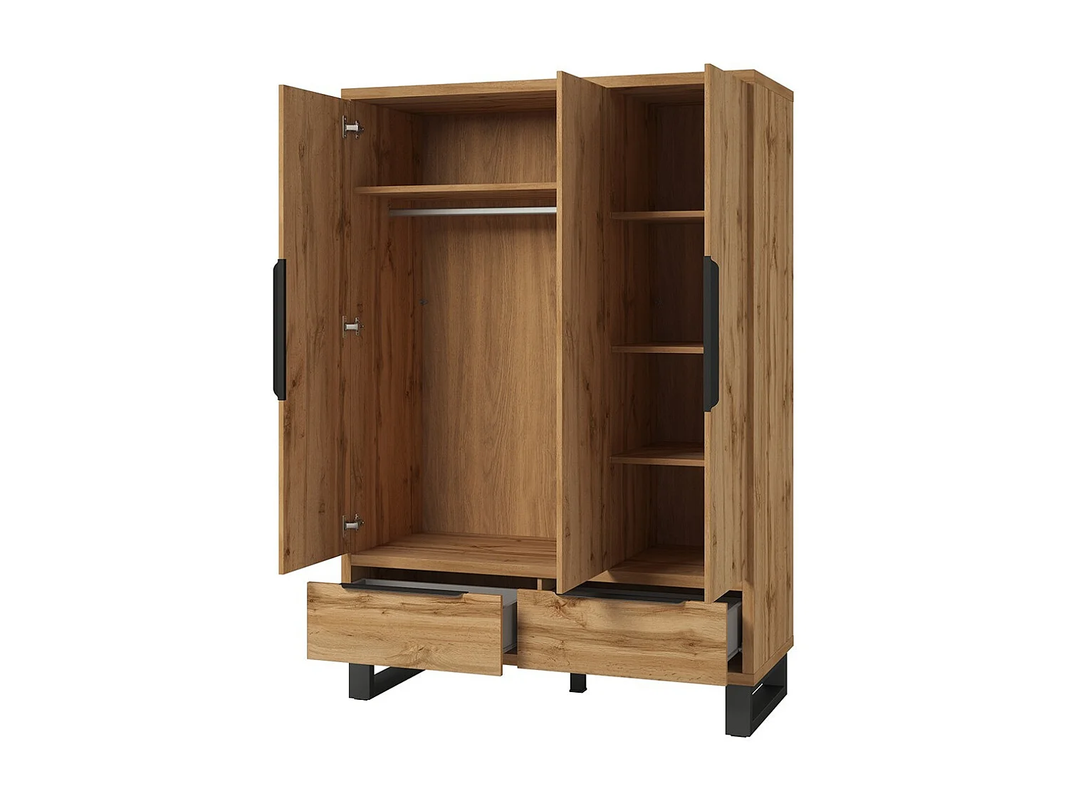 Komplettes Schlafzimmer im Industriestil, Kollektion MILOS: Kleiderschrank mit 3 Türen, Bett 180x200, Kommode, Nachttische, rohe Eiche und Schwarz