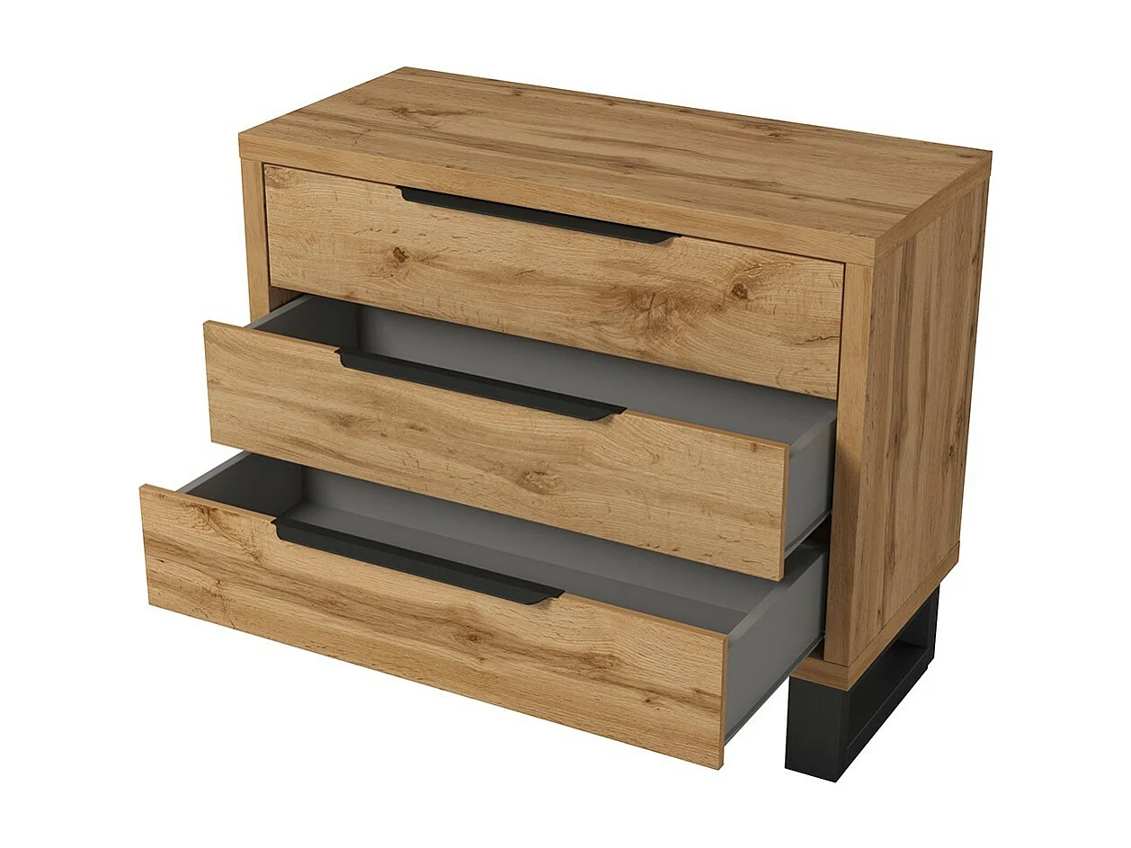 Komplettes Schlafzimmer im Industriestil, Kollektion MILOS: Kleiderschrank mit 3 Türen, Bett 180x200, Kommode, Nachttische, rohe Eiche und Schwarz