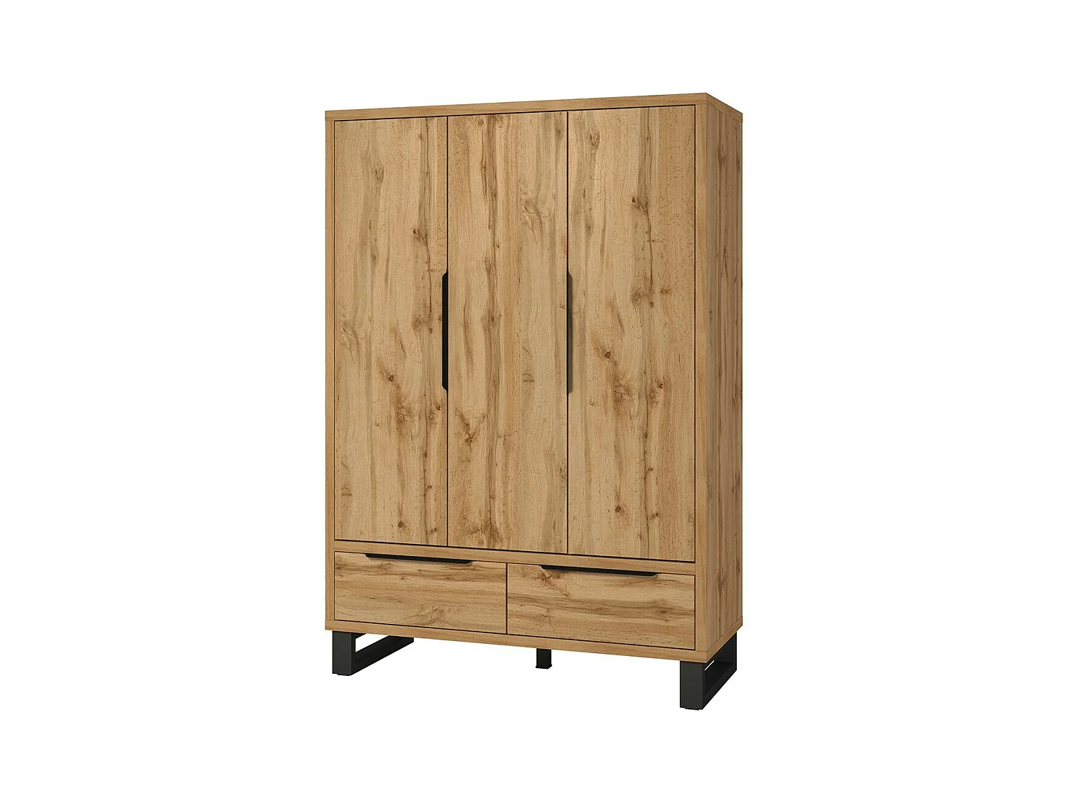 Chambre compléte style industriel collection MILOS : armoire 3 portes, lit 180x200, commode, chevets, chêne brut et noir