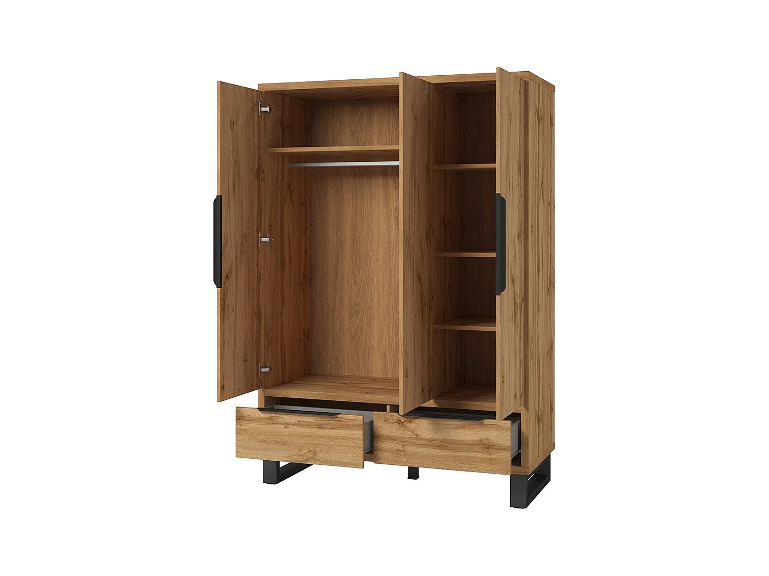 Chambre compléte style industriel collection MILOS : armoire 3 portes, lit 180x200, commode, chevets, chêne brut et noir