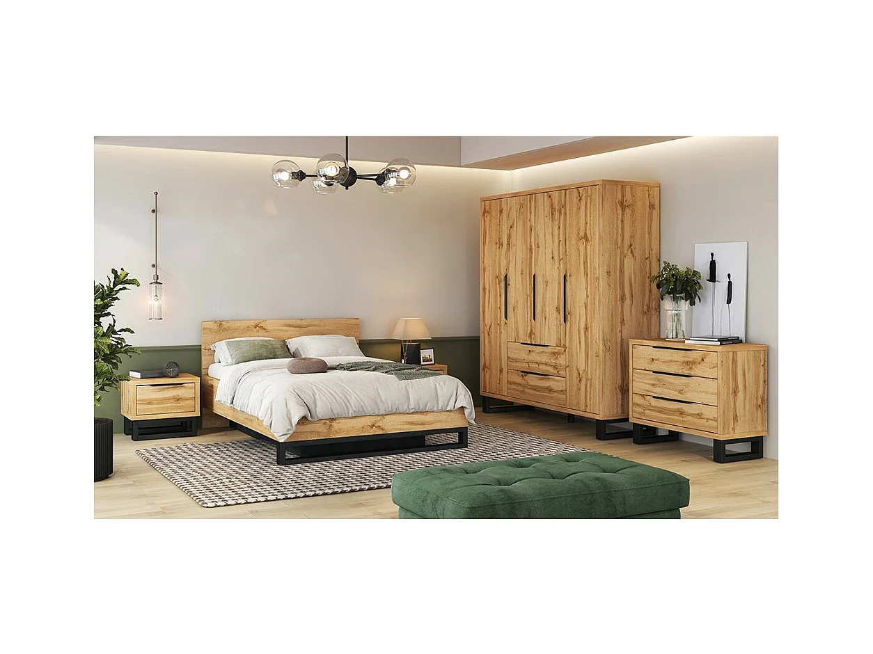 Chambre compléte style industriel collection MILOS : armoire, lit coffre 140x200, commode, chevets, chêne brut et noir