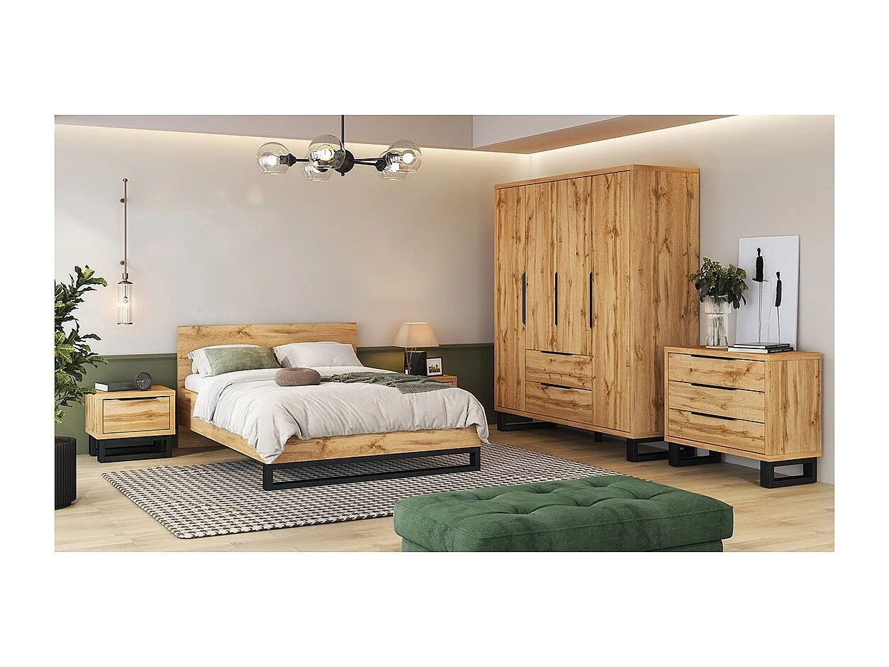 Camera completa industriale MILOS: Armadio 4 porte, letto 180x200, cassettiera, comodini, rovere grezzo/nero