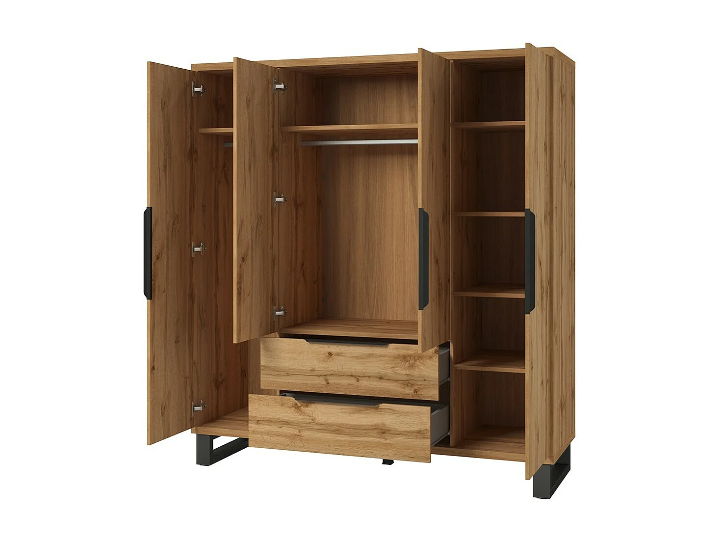 Chambre compléte industrielle MILOS : Armoire 4 portes, lit 180x200, commode, chevets, chêne brut/noir