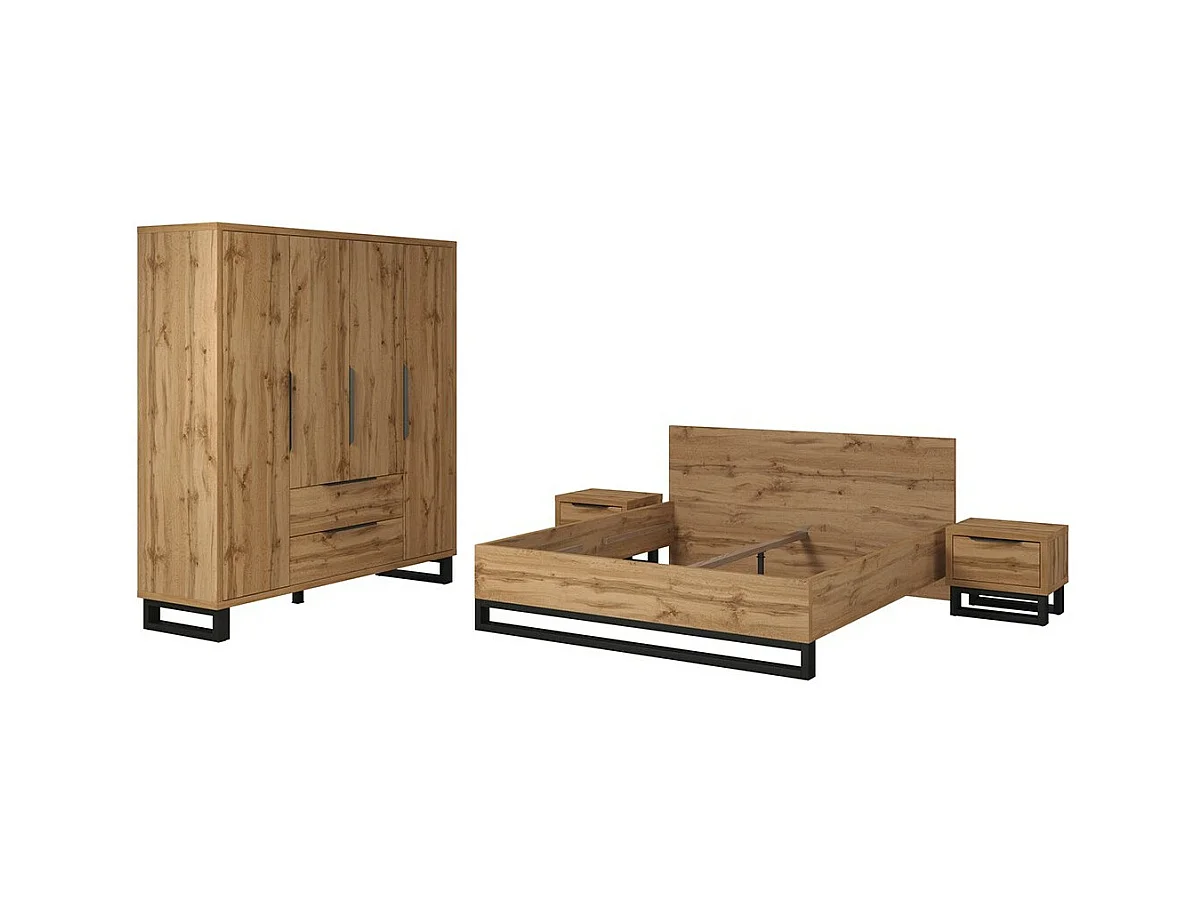 Komplettes Industrie-Schlafzimmer MILOS: Kleiderschrank mit 4 Türen, Bett 140x200, Kommode, Nachttische, rohe Eiche/schwarz