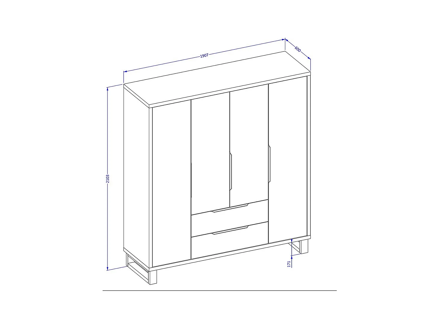 Chambre compléte industrielle MILOS : Armoire 4 portes, lit 140x200, commode, chevets, chêne brut/noir