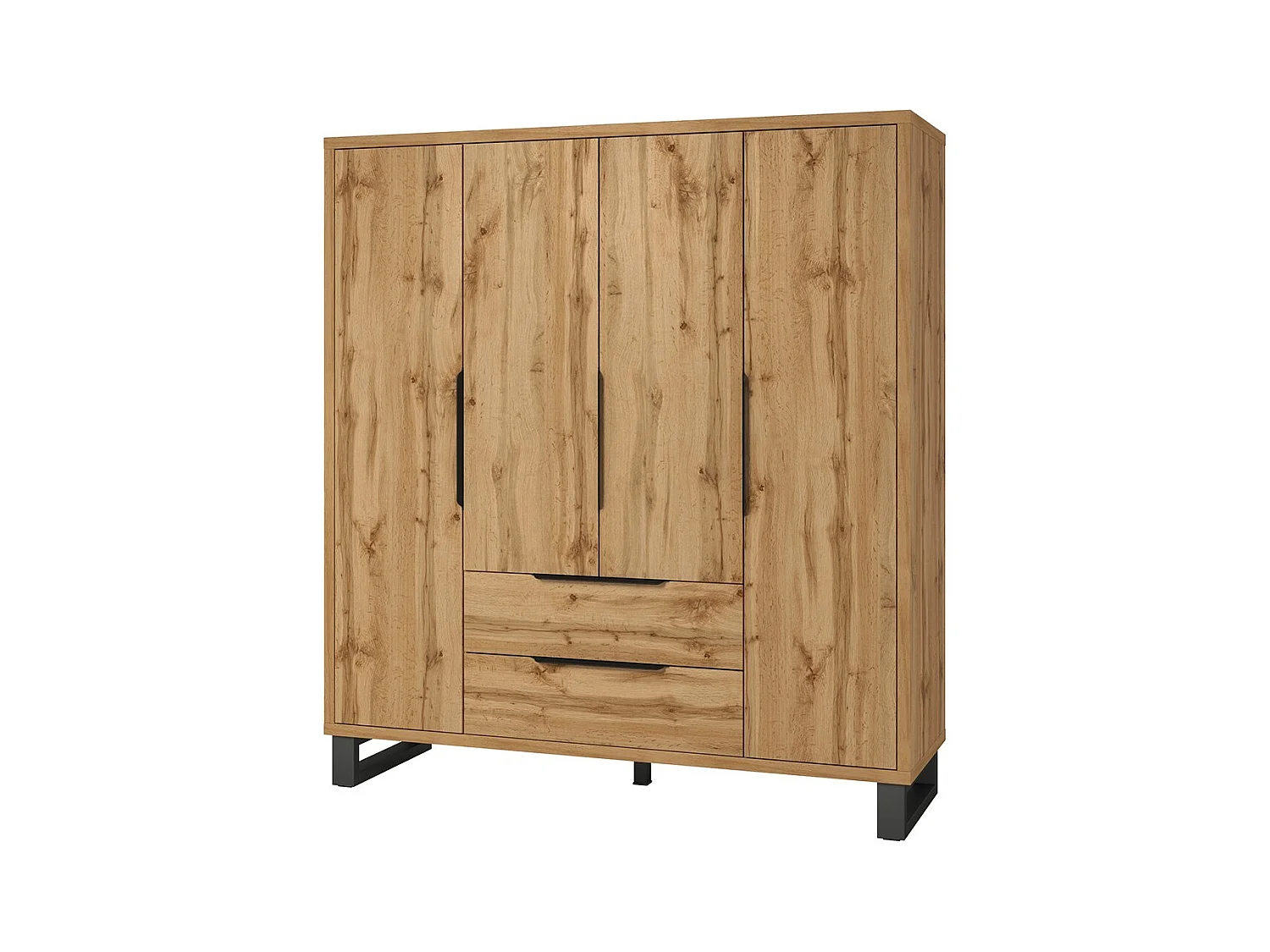 Chambre compléte industrielle MILOS : Armoire 4 portes, lit 140x200, commode, chevets, chêne brut/noir