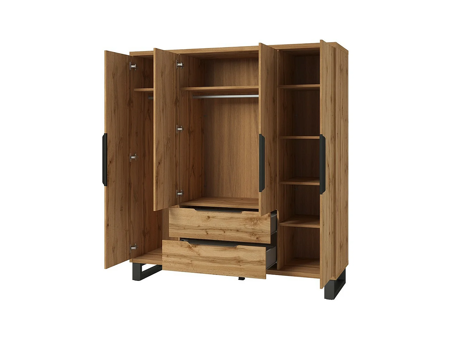 Chambre compléte industrielle MILOS : Armoire 4 portes, lit 140x200, commode, chevets, chêne brut/noir