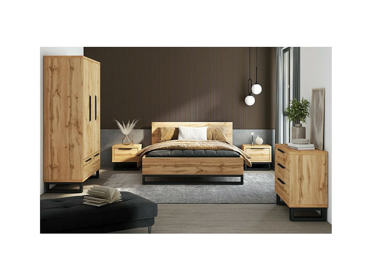 Camera completa stile industriale collezione MILOS: armadio 3 porte, letto 140x200, cassettiera, comodini, quercia grezza e nera