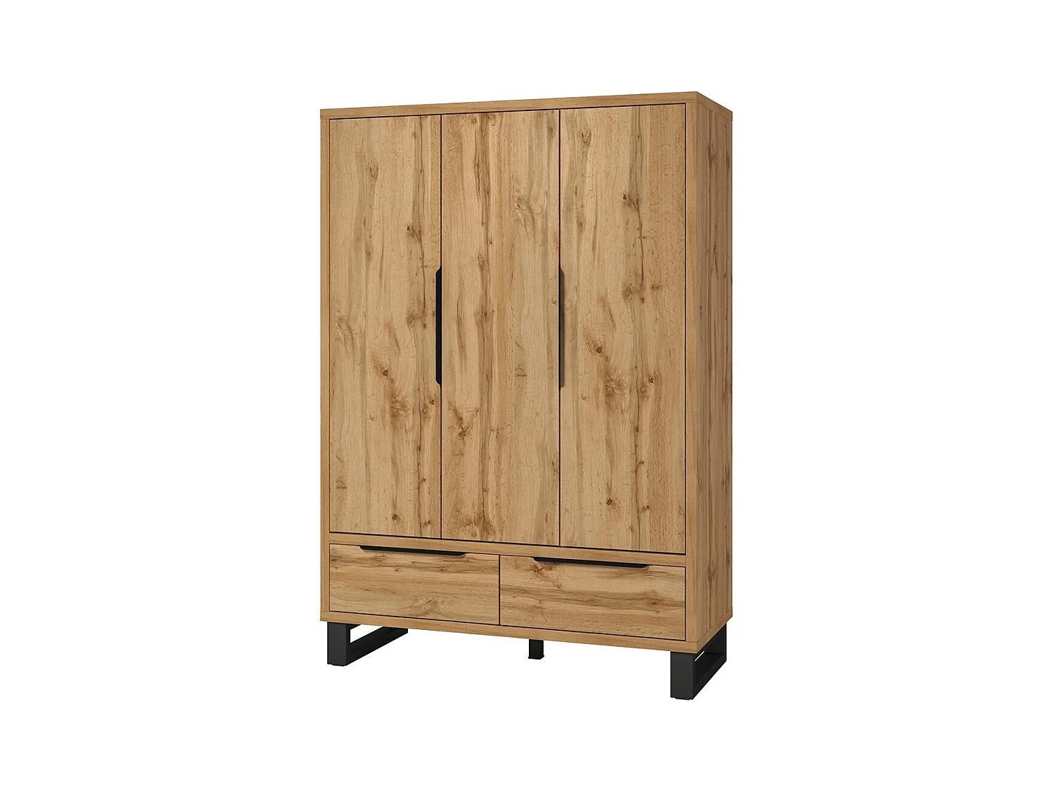 Chambre compléte style industriel collection MILOS : armoire 3 portes, lit 140x200, commode, chevets, chêne brut et noir