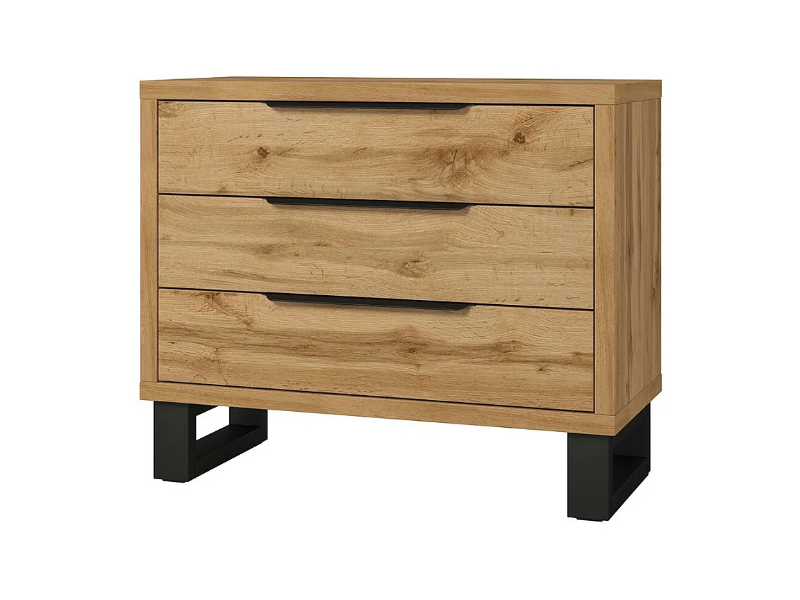 Chambre compléte style industriel collection MILOS : armoire 3 portes, lit 140x200, commode, chevets, chêne brut et noir