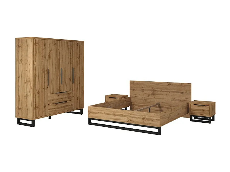 Habitación completa industrial MILOS: Armario 4 puertas, cama 160x200, cómoda, mesitas de noche, roble crudo/negro