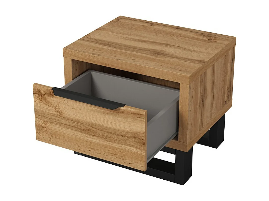 Komplettes Industrie-Schlafzimmer-Set MILOS: Kleiderschrank mit 4 Türen, Bett 160x200, Kommode, Nachttische, rohe Eiche/schwarz