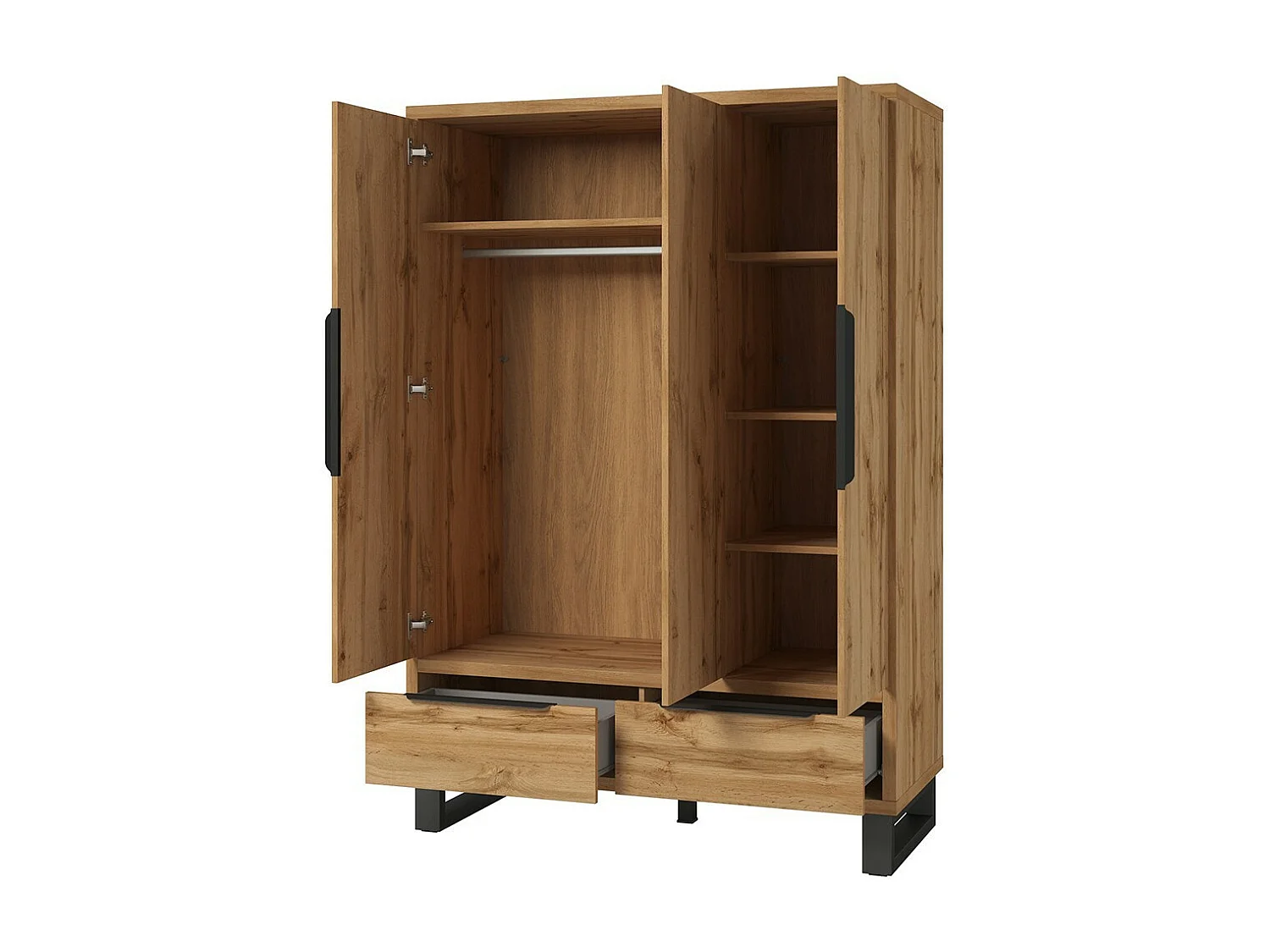 Camera completa stile industriale collezione MILOS: armadio a 3 ante, letto 160x200, comò, comodini, rovere grezzo e nero