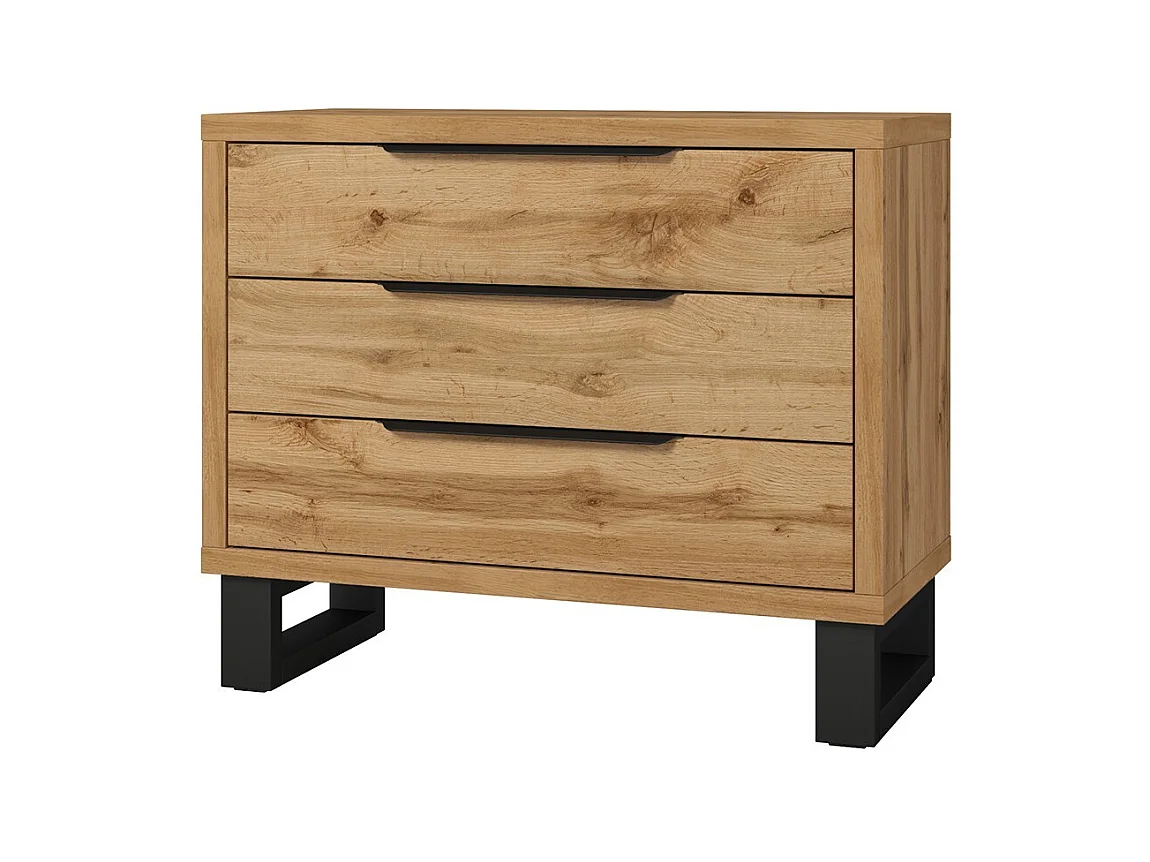 Chambre compléte style industriel collection MILOS : armoire 3 portes, lit 160x200, commode, chevets, chêne brut et noir