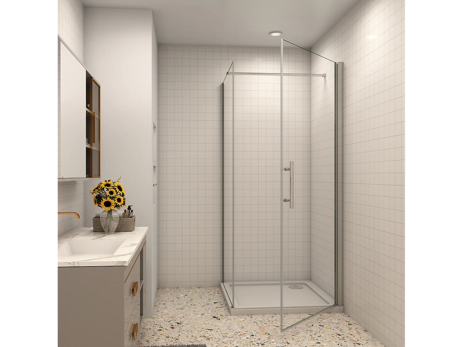 BxT: 80x100cm Duschkabine Duschabtrennung Eckeinstieg Dusche Duschtür Duschwand 6mm NANO-Glas Höhe: 185cm & Stabilisator 90cm