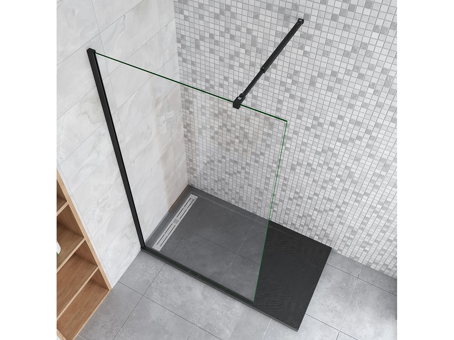 160x200cm Schwarzrahmen Walk in Duschkabine Duschwand +73-120cm Stabilisator 10mm NANO ESG-Glas Duschabtrennung Duschtrennwand